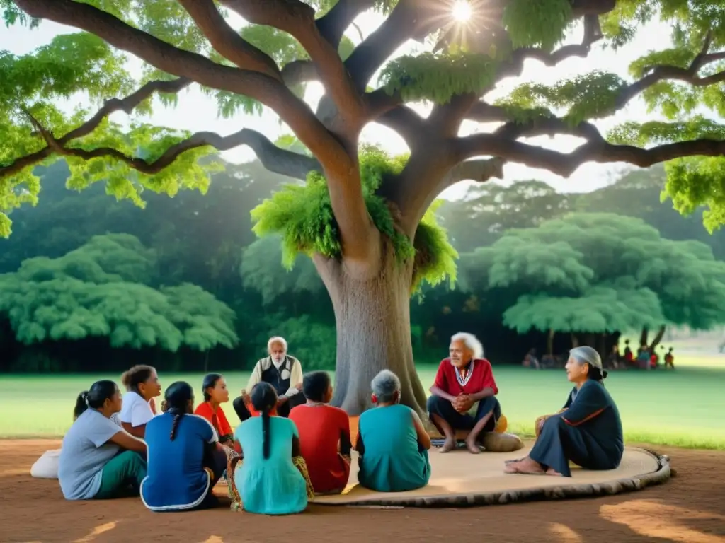 Un anciano indígena comparte sabiduría bajo un árbol, rodeado de jóvenes miembros de la comunidad