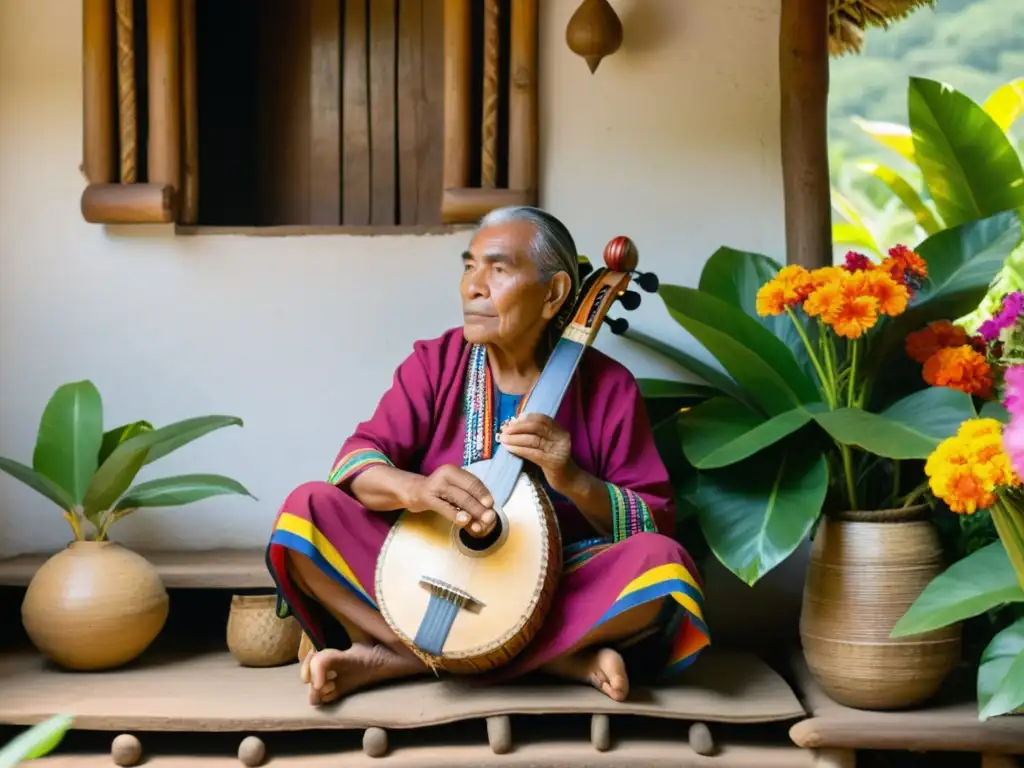 Un anciano indígena colombiano toca un instrumento musical, rodeado de vegetación exuberante y flores vibrantes