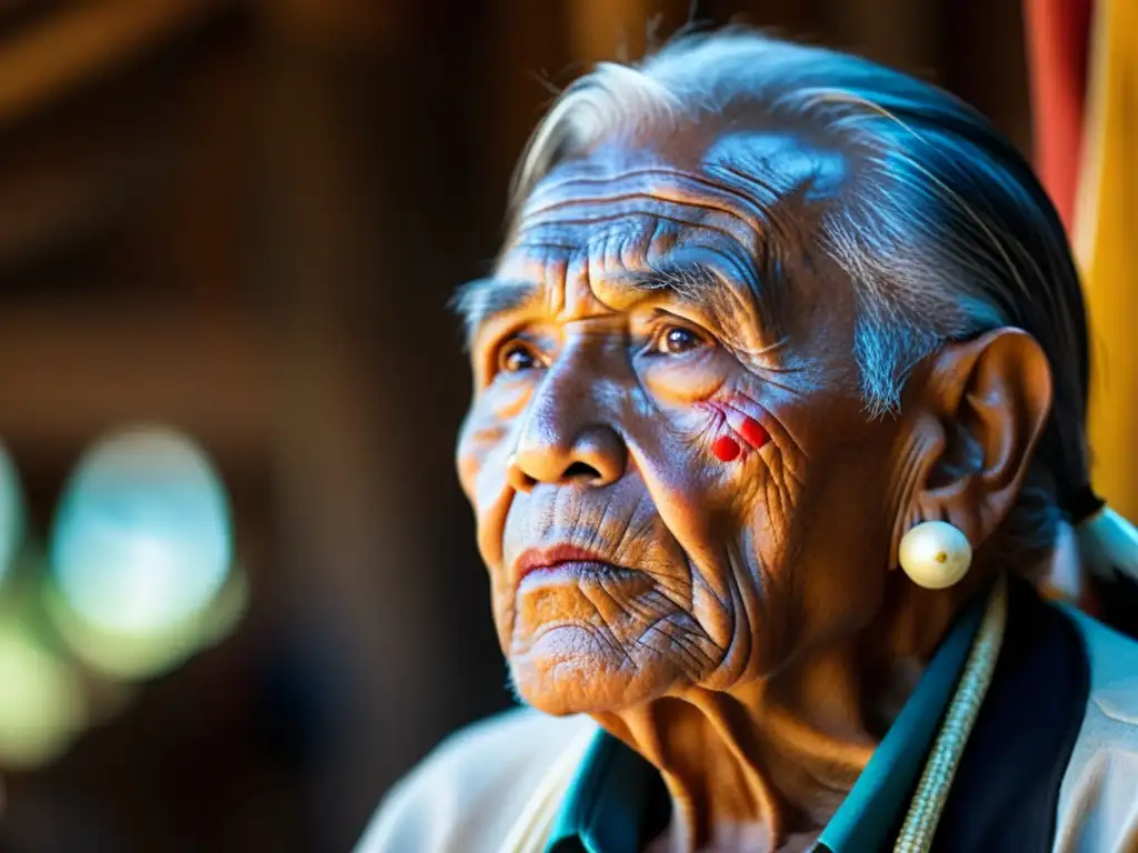 Un anciano indígena cuenta la historia de una lengua en riesgo de desaparición, rodeado de artefactos antiguos y luz cálida