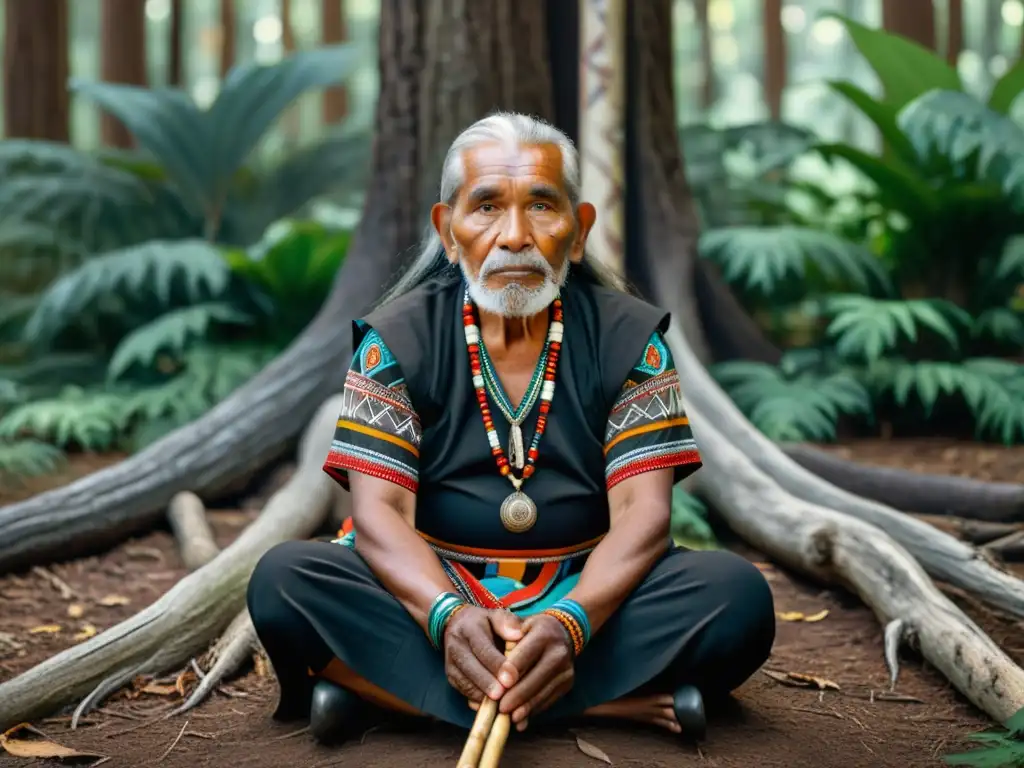 Un anciano indígena en la selva, vistiendo atuendo tradicional, transmite sabiduría y conexión con la tierra