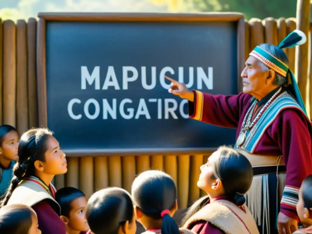 Un anciano Mapuche enseña a jóvenes las formas de conjugación en Mapudungun, con vestimenta tradicional y un entorno rústico