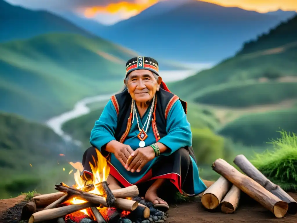 Un anciano Mapuche narra historias junto al fuego, rodeado de naturaleza exuberante y montañas