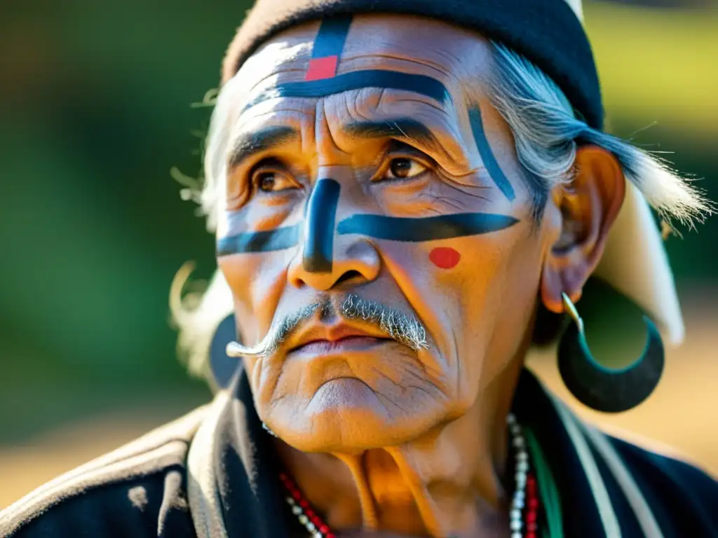 Un anciano mapuche con pintura facial y vestimenta tradicional habla, destacando la articulación de sus oclusivas glotales en lenguas mapuches