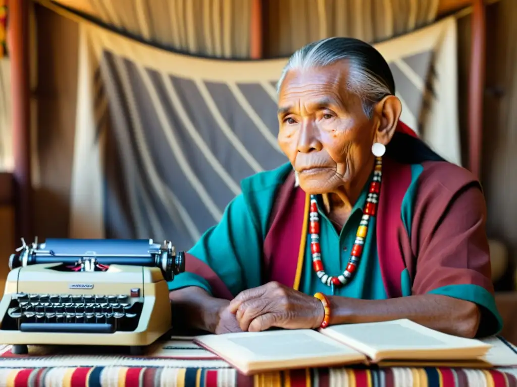 Un anciano Kichwa escribe en una máquina de escribir rodeado de textiles tradicionales