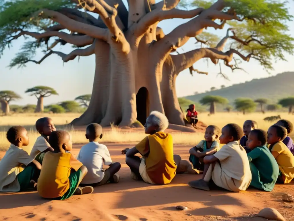 Un anciano narrador cuenta cuentos bajo un baobab a niños cautivados