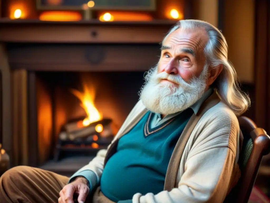 Un anciano narrador de historias junto a la chimenea, compartiendo literatura oral de lenguas germánicas para preservar la tradición