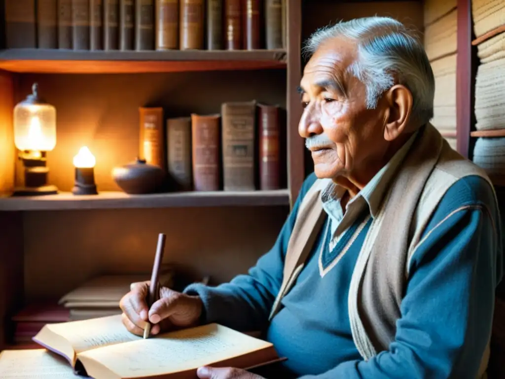 Un anciano poeta Quechua recita versos con pasión, iluminado por la cálida luz de una lámpara vintage