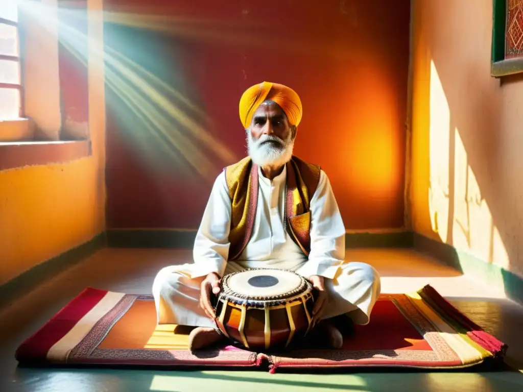 Un anciano Punjabi toca con maestría el sitar, rodeado de instrumentos musicales y patrones sonoros del punjabi