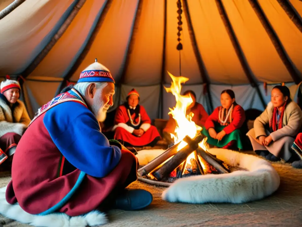 Un anciano Sámi cuenta historias a niños junto al fuego en una lavvu, preservando el idioma Sámi en peligro