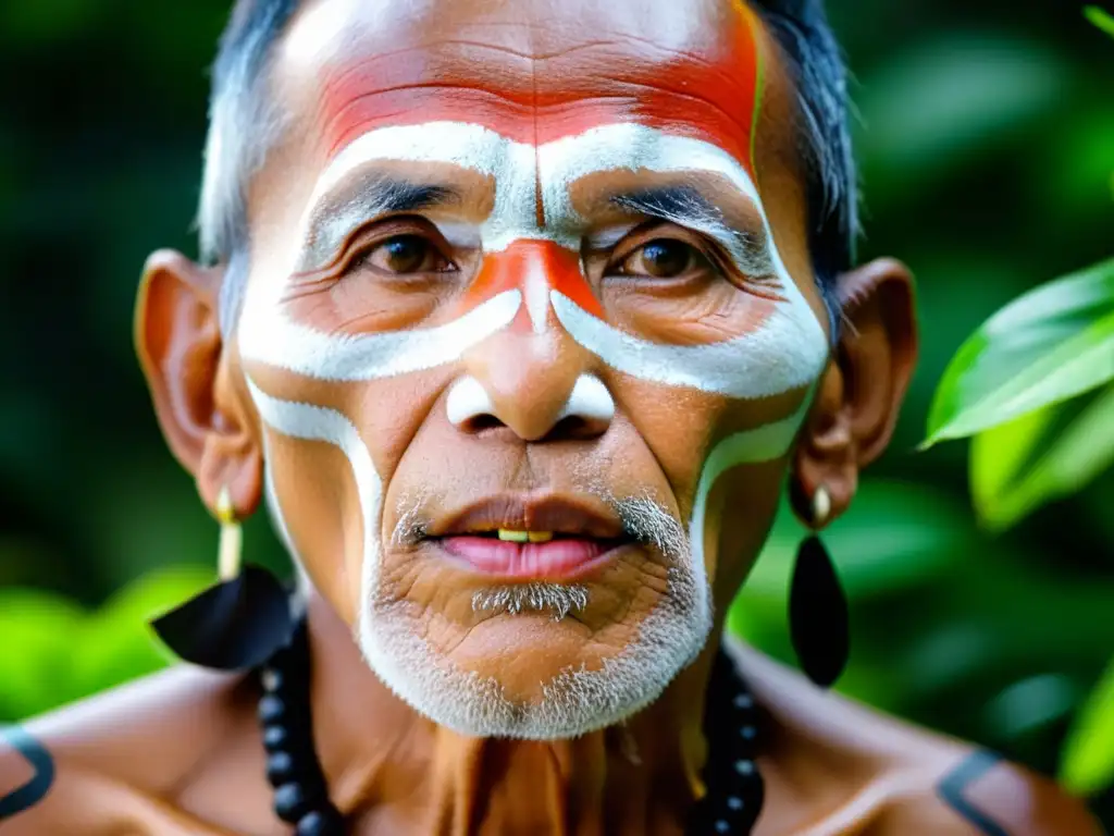 Un anciano Ticuna habla, resaltando la nasalización en el idioma Ticuna, con pintura tradicional y la exuberante selva amazónica de fondo