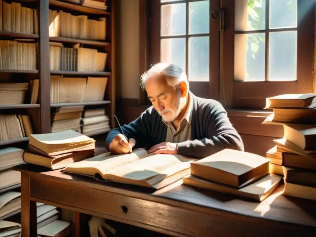 Un anciano traductor se sumerge en el estudio de un manuscrito en un rincón iluminado por el sol