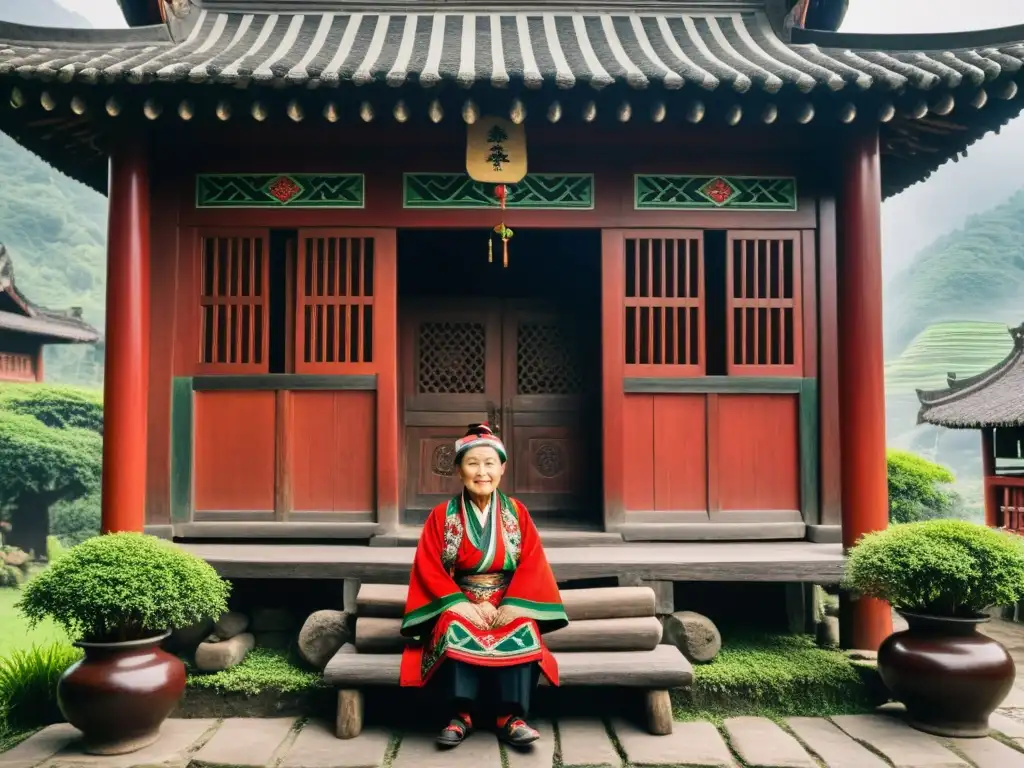 Un anciano Tujia frente a su casa tradicional, con patrones rojos y verdes