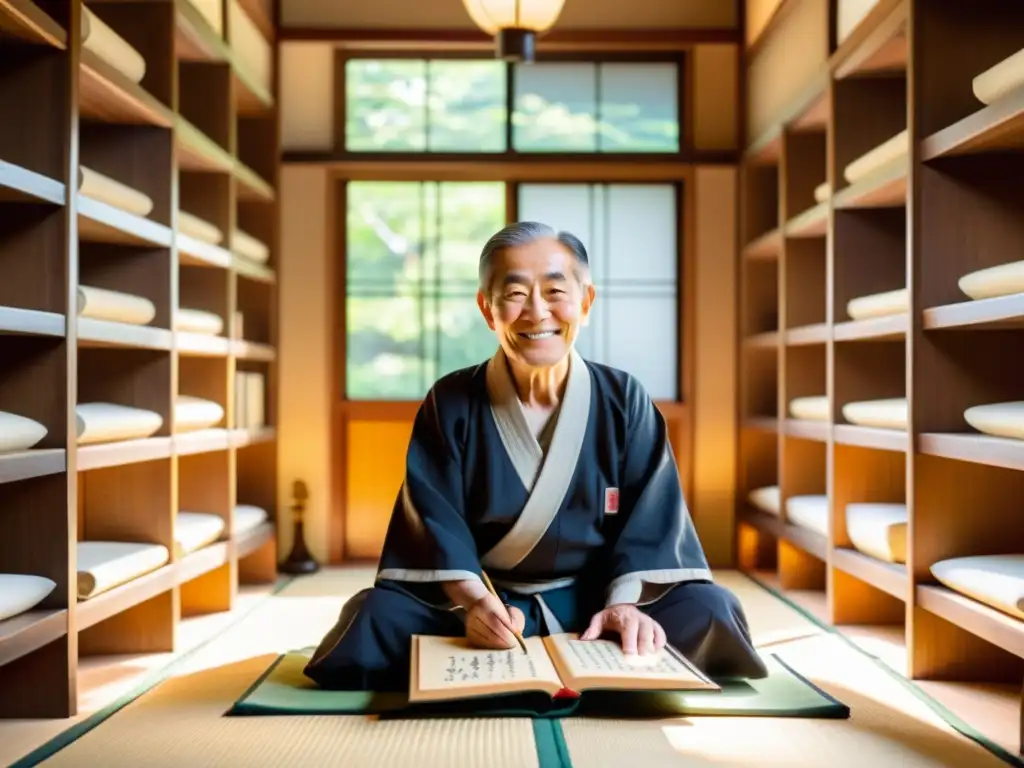 Un anciano tutor de idiomas en un entorno japonés tradicional, rodeado de antiguos pergaminos y mapas