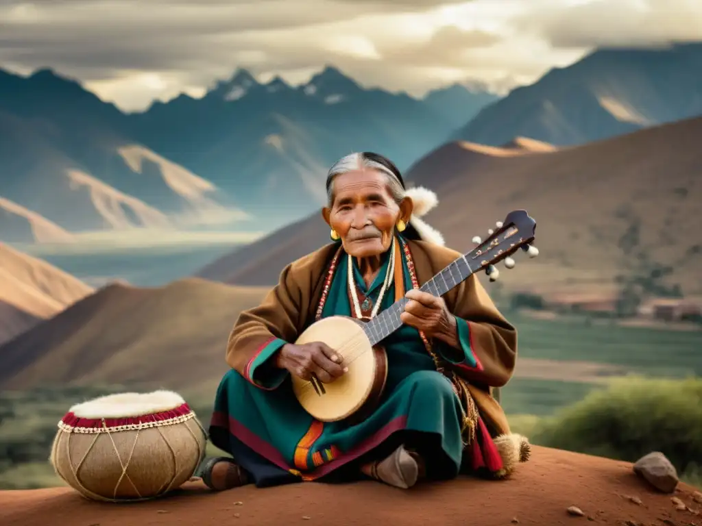 Un anciano Chipaya con vestimenta tradicional y un instrumento musical artesanal, en las montañas de los Andes