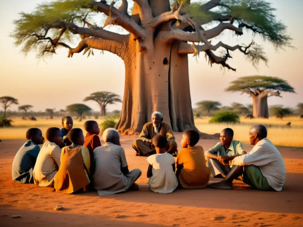 Ancianos africanos comparten historias bajo baobab, niños escuchan atentos al atardecer