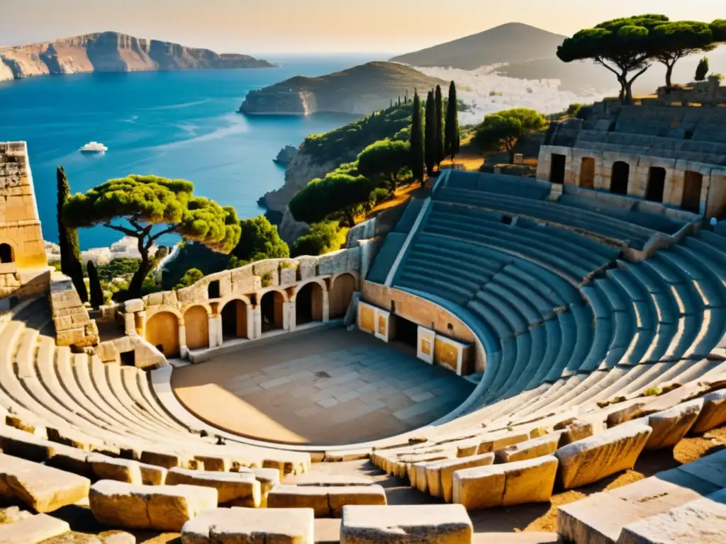 Anfiteatro griego antiguo bañado por una cálida luz dorada al atardecer, destacando su rica historia y cultura