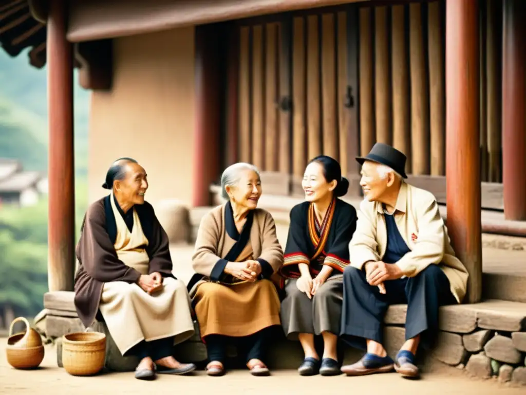 Conversación animada entre ancianos Tujia, reflejando la rica herencia lingüística y cultural del pueblo