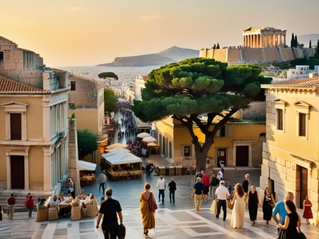 Una animada calle en Atenas, con ruinas antiguas al fondo y gente vestida con trajes griegos tradicionales