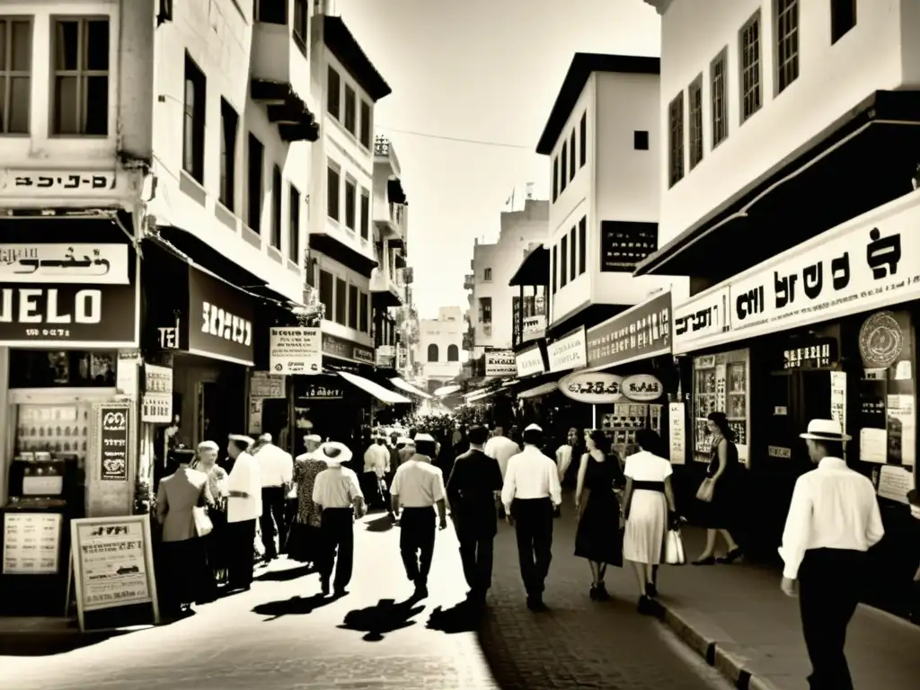 Una animada calle de Tel Aviv en blanco y negro, con letreros en hebreo y arquitectura tradicional, evocando la inmersión lingüística hebreo Tel Aviv