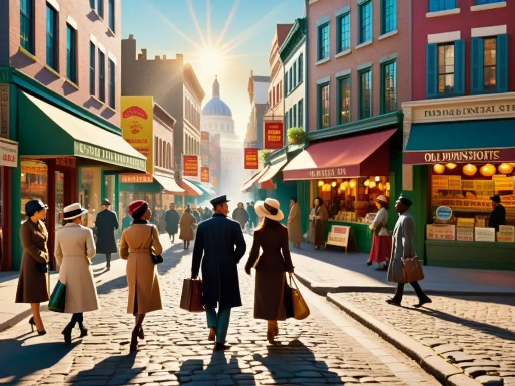 Una animada calle de la ciudad en sepia muestra intercambio cultural y lingüístico, ideal para consultoría lingüística en localización de contenidos