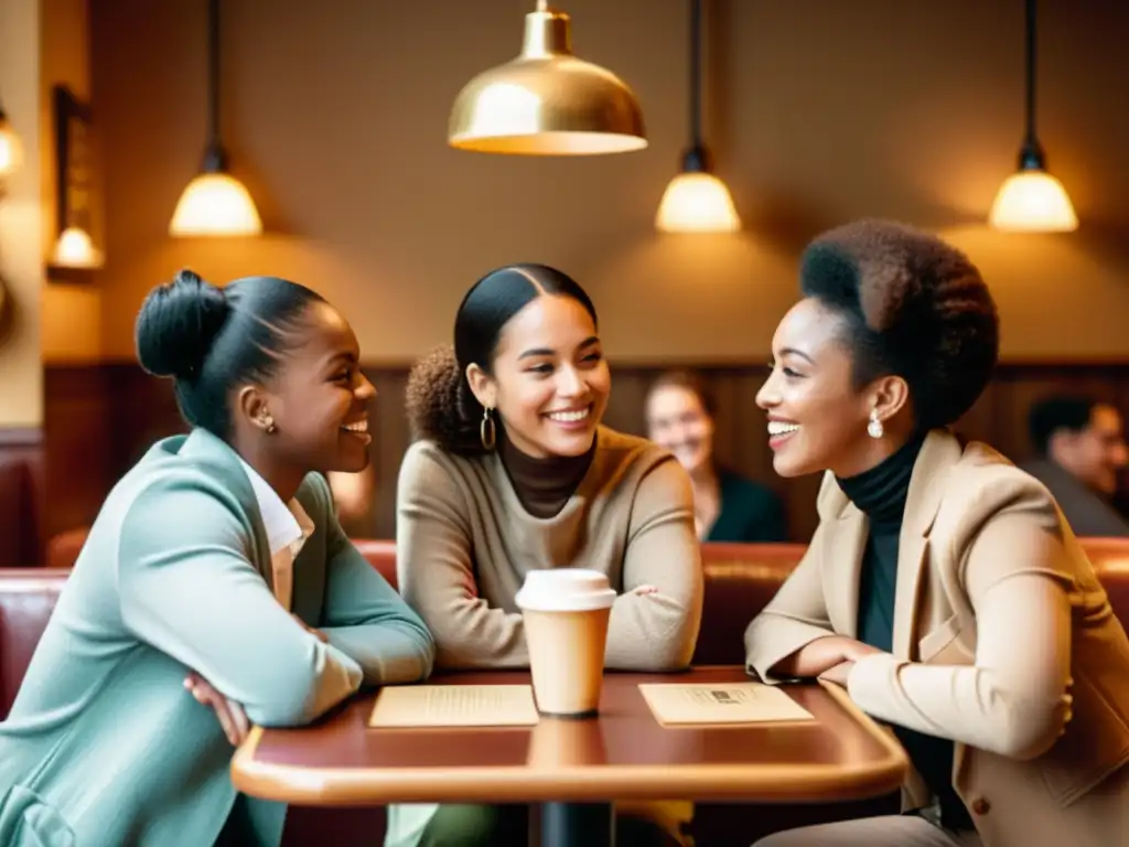 Conversaciones multiculturales en café vintage Una animada conversación en un acogedor café con personas de diferentes culturas hablando inglés como segunda lengua