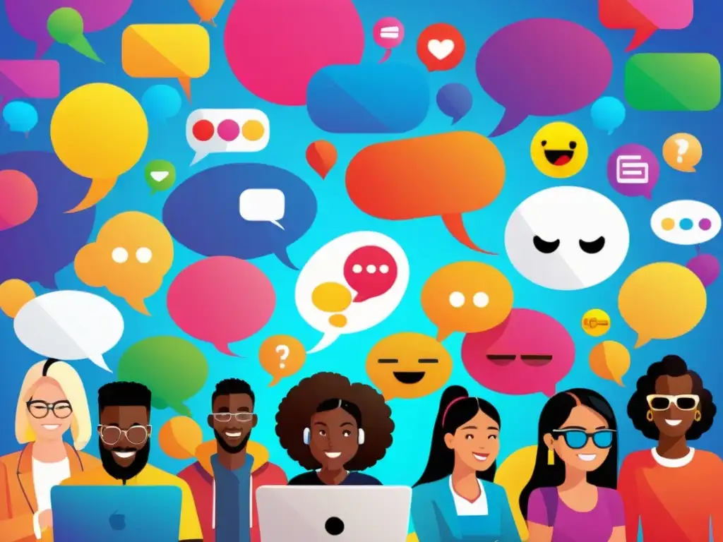 Una animada imagen ultradetallada de personas diversas de distintas culturas y fondos, disfrutando conversaciones en línea con burbujas de diálogo y emojis, representando la jerga de Internet global