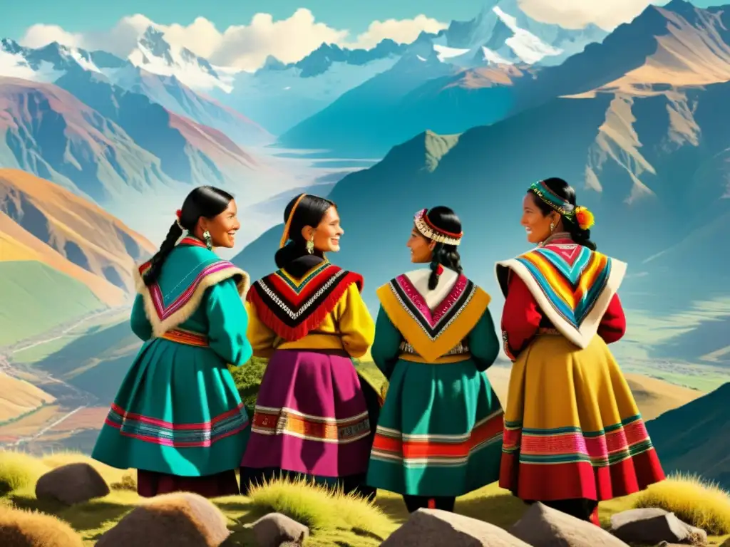 Conversación animada entre personas que hablan quechua, vistiendo coloridos trajes tradicionales, con los Andes de fondo