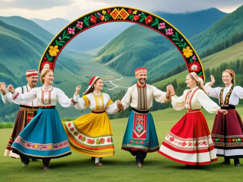 Un animado baile folclórico de las lenguas eslavas en los Cárpatos, capturado en una ilustración vintage