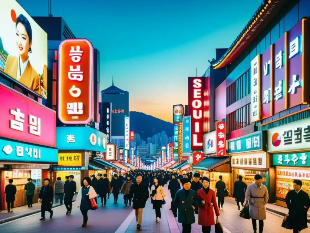 Un animado callejón de Seúl, Corea del Sur, con neones, arquitectura tradicional y avances tecnológicos en un ambiente vibrante y nostálgico