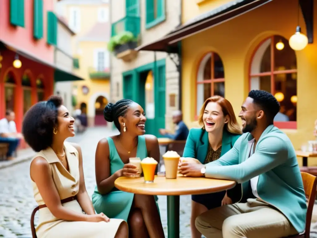 Un animado encuentro en un café vintage, con diversidad y calidez