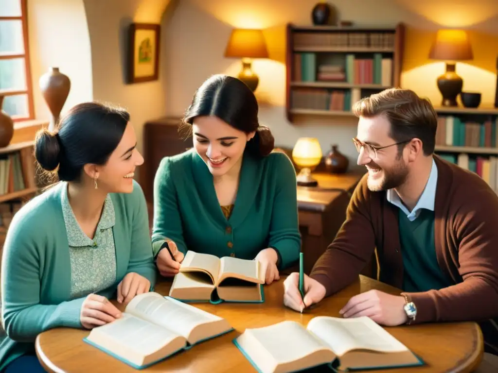 Un animado encuentro en una habitación acogedora llena de libros y elementos culturales cornualeses