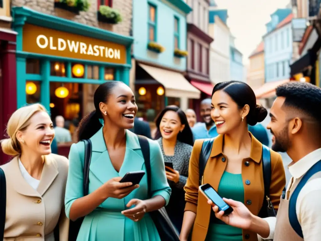 Un animado encuentro multicultural en la calle, usando aplicaciones de voz para idiomas