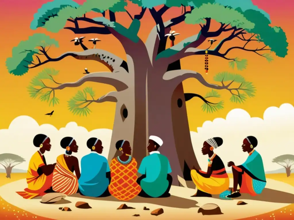 Un animado grupo de ancianos bajo un baobab, rodeados de arte bantú