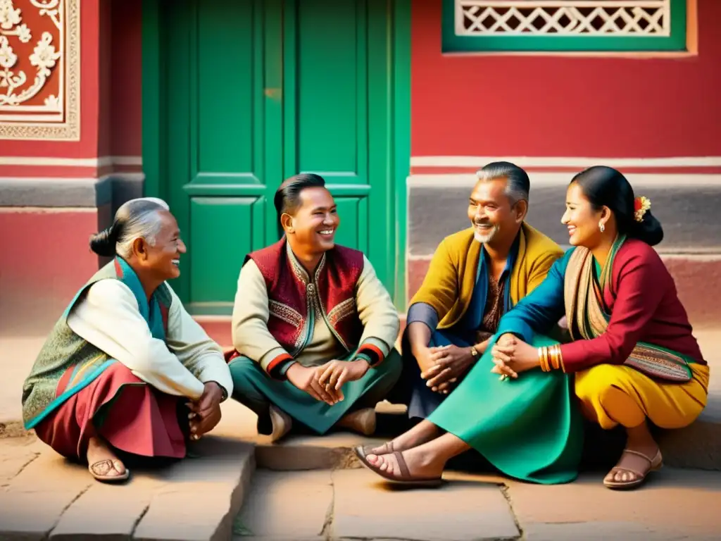 Un animado grupo conversa en un entorno tradicional nepalí, con patrones e intensos colores