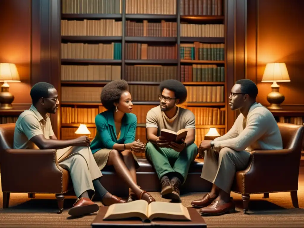 Un animado grupo de escritores africanos en una acogedora biblioteca vintage, resaltando la riqueza de los idiomas africanos en la literatura mundial