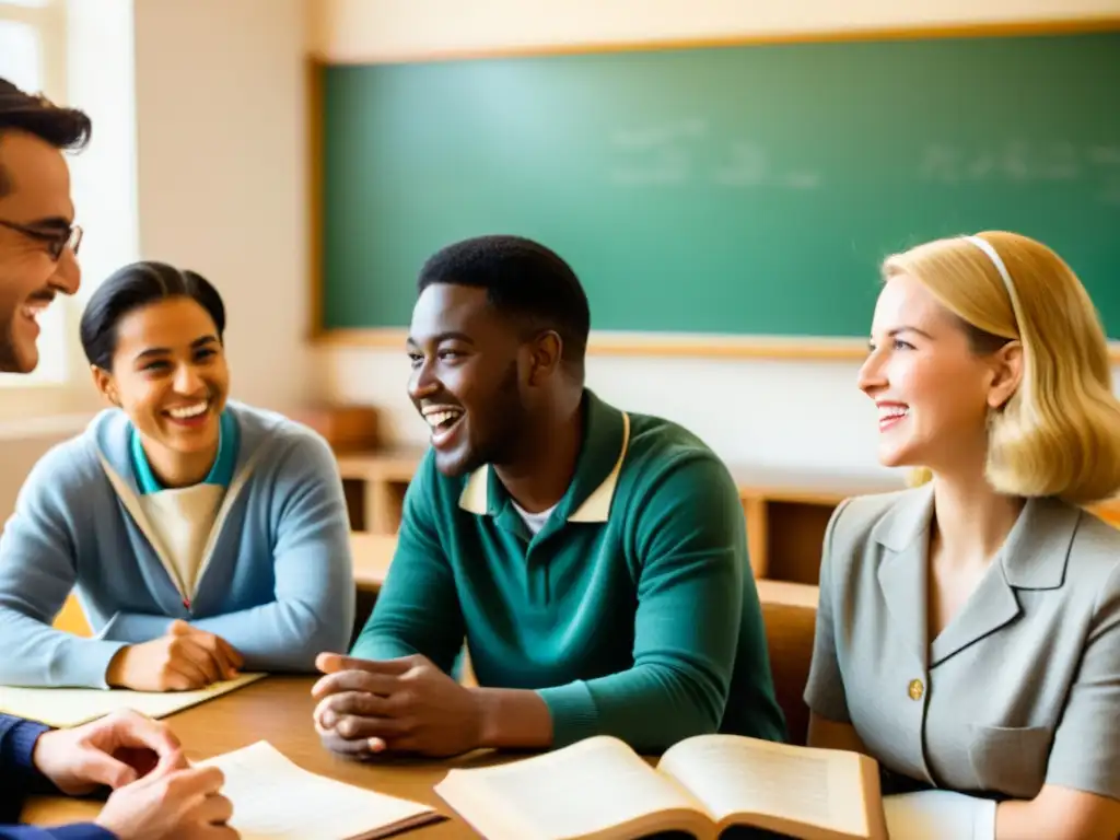 Un animado grupo de estudiantes practicando pronunciación en un aula vintage, transmitiendo entusiasmo y camaradería