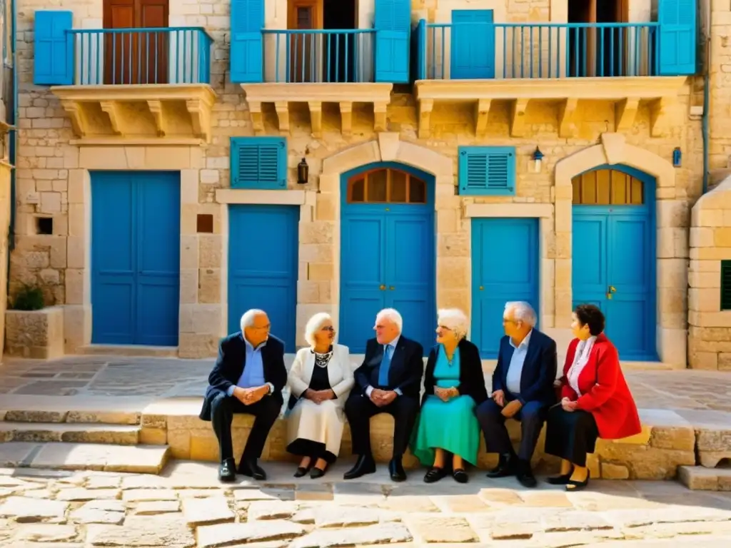 Un animado grupo de hablantes malteses mayores se reúne en una plaza tradicional rodeada de edificios de piedra caliza