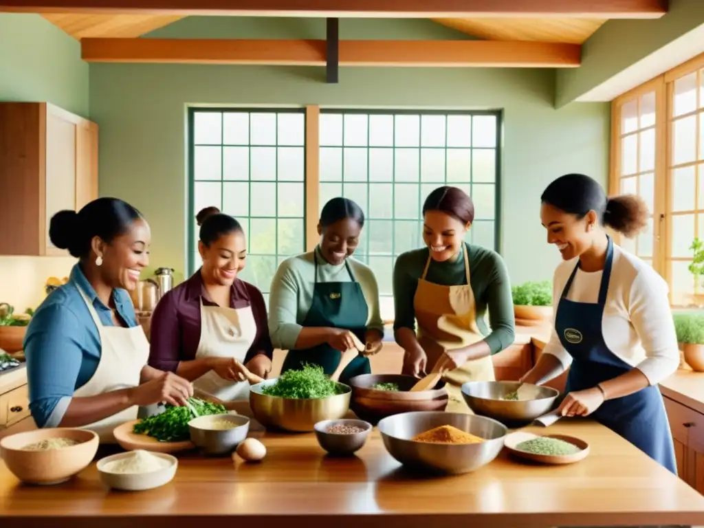 Un animado intercambio culinario entre lenguas en una cocina acogedora y multicultural, donde las personas comparten ingredientes y experiencias mientras cocinan juntas