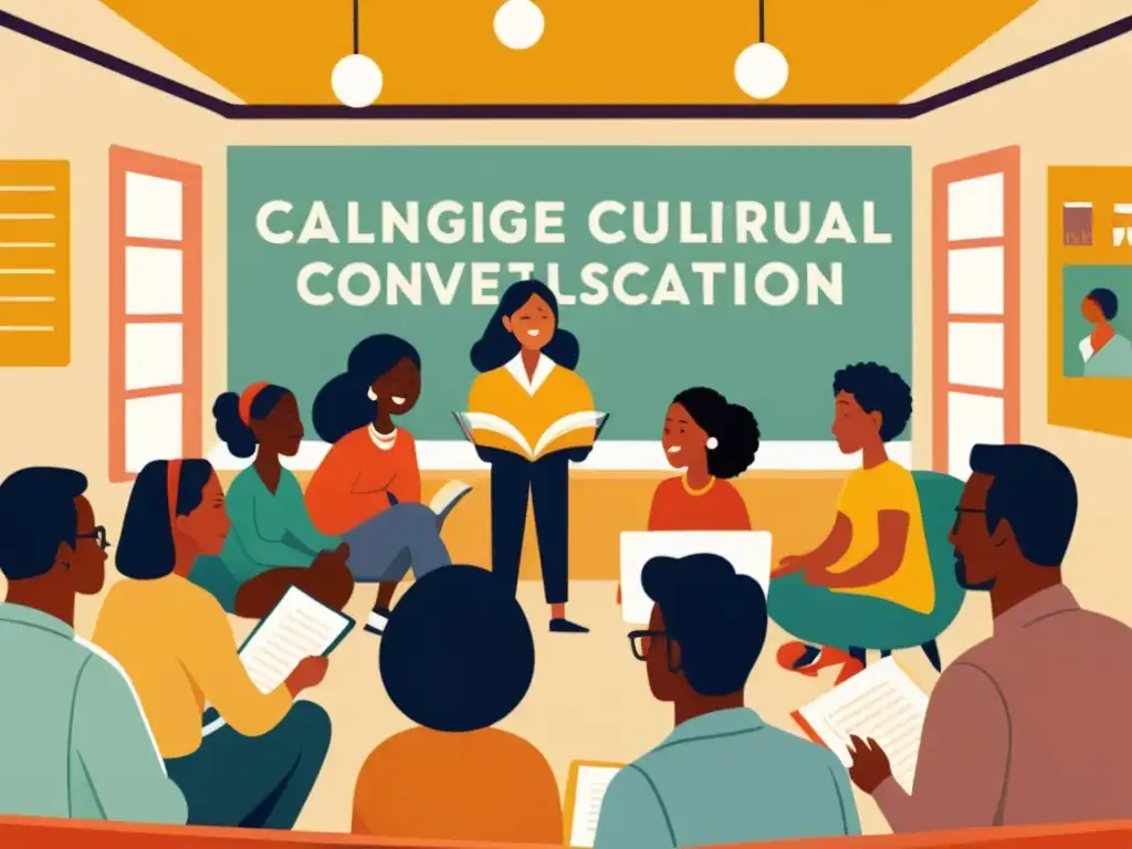 Conversación multicultural: aprendizaje de idiomas en ambiente acogedor Un animado intercambio cultural en un acogedor salón lleno de libros, resaltando los beneficios del inglés como segunda lengua