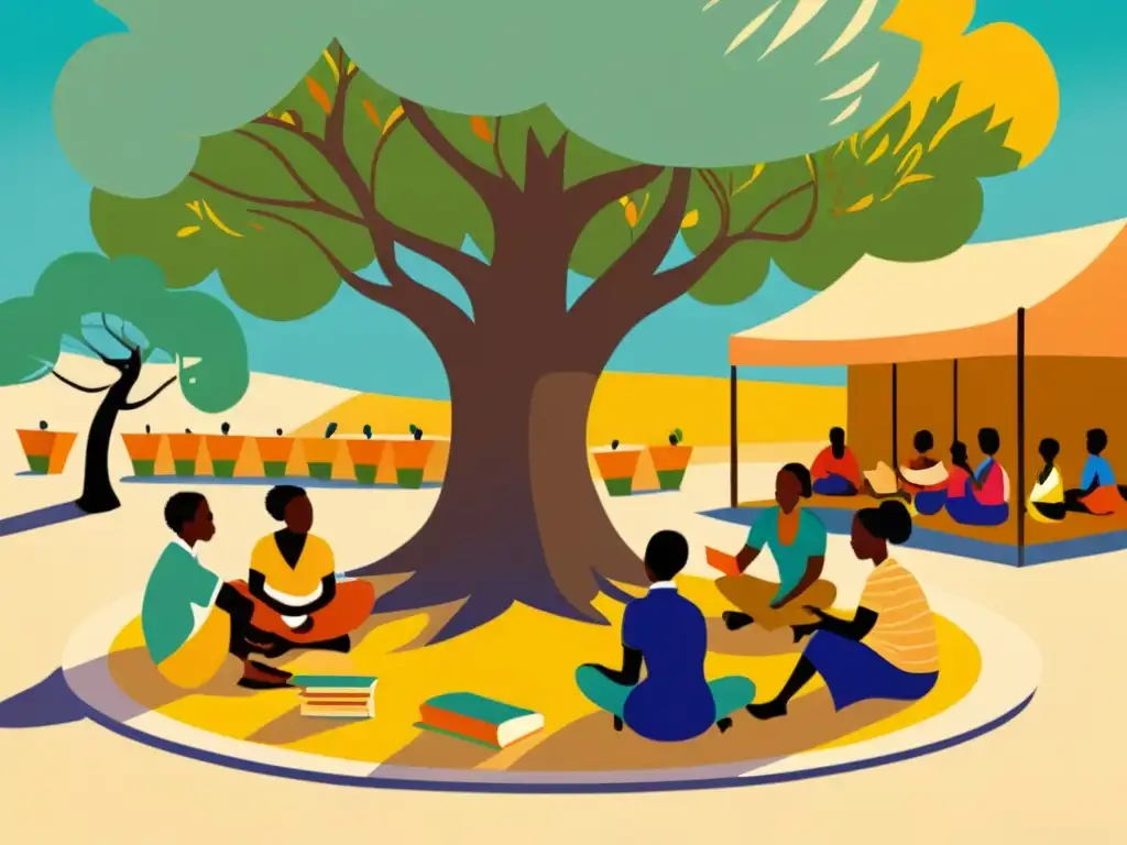 Un animado intercambio cultural bajo un árbol en un bullicioso mercado africano, con materiales de aprendizaje de lenguas bantúes