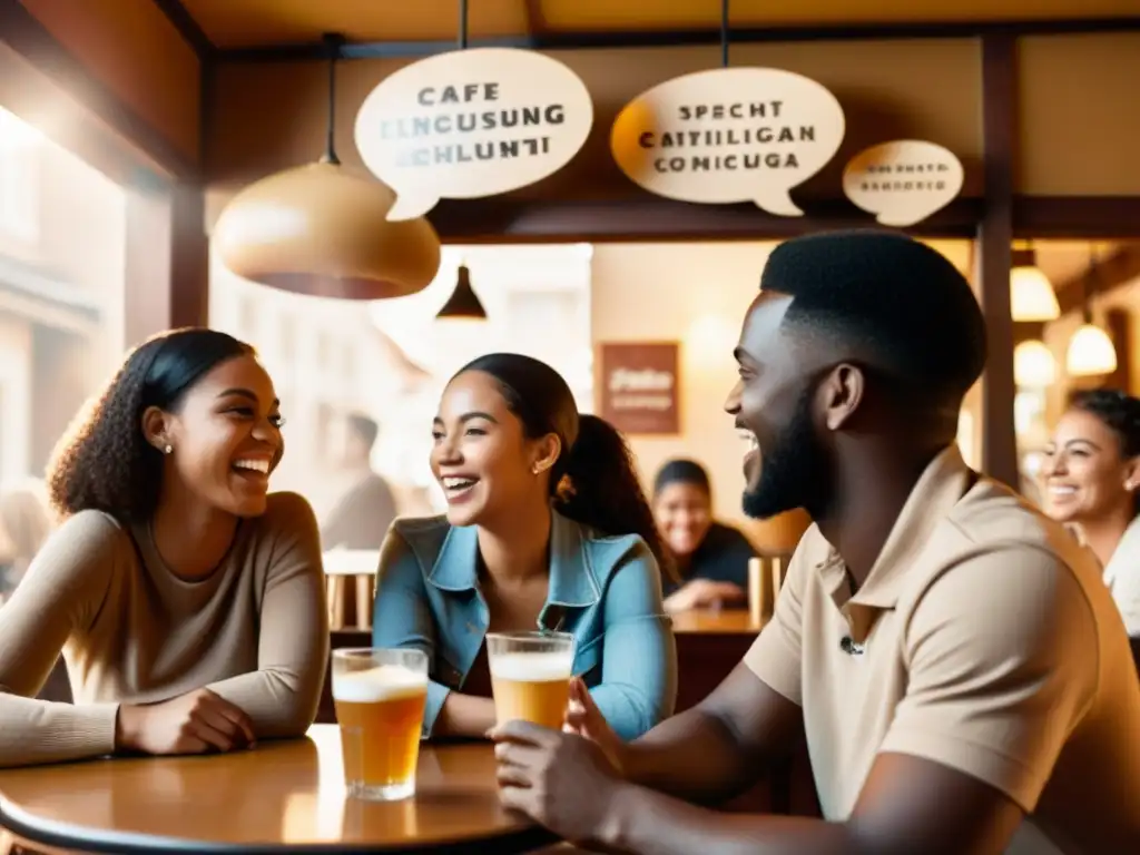 Un animado intercambio cultural en lenguas entre jóvenes en un café vintage bañado por la cálida luz del sol