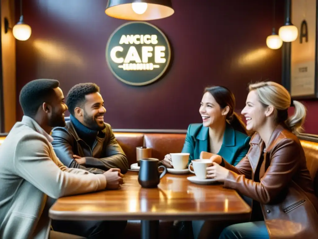 Animado intercambio de idiomas en acogedor café vintage