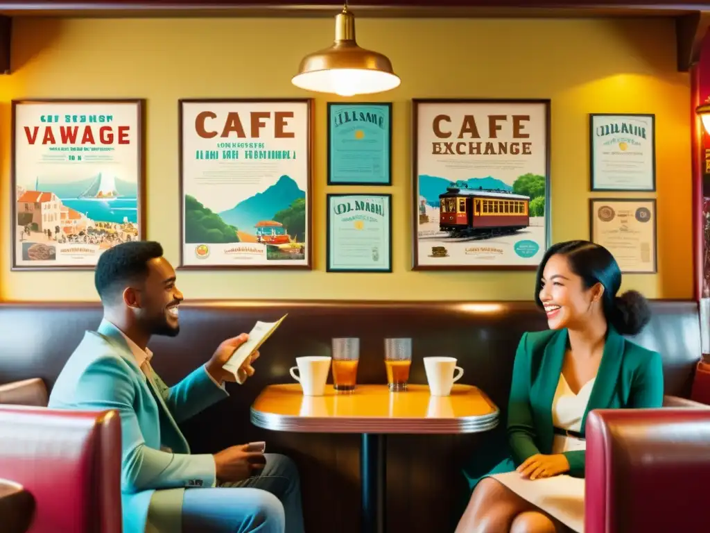 Intercambio de idiomas en un café vintage Un animado intercambio de idiomas en un café vintage