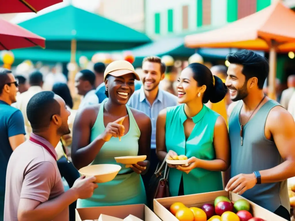 Un animado intercambio de idiomas en un mercado al aire libre