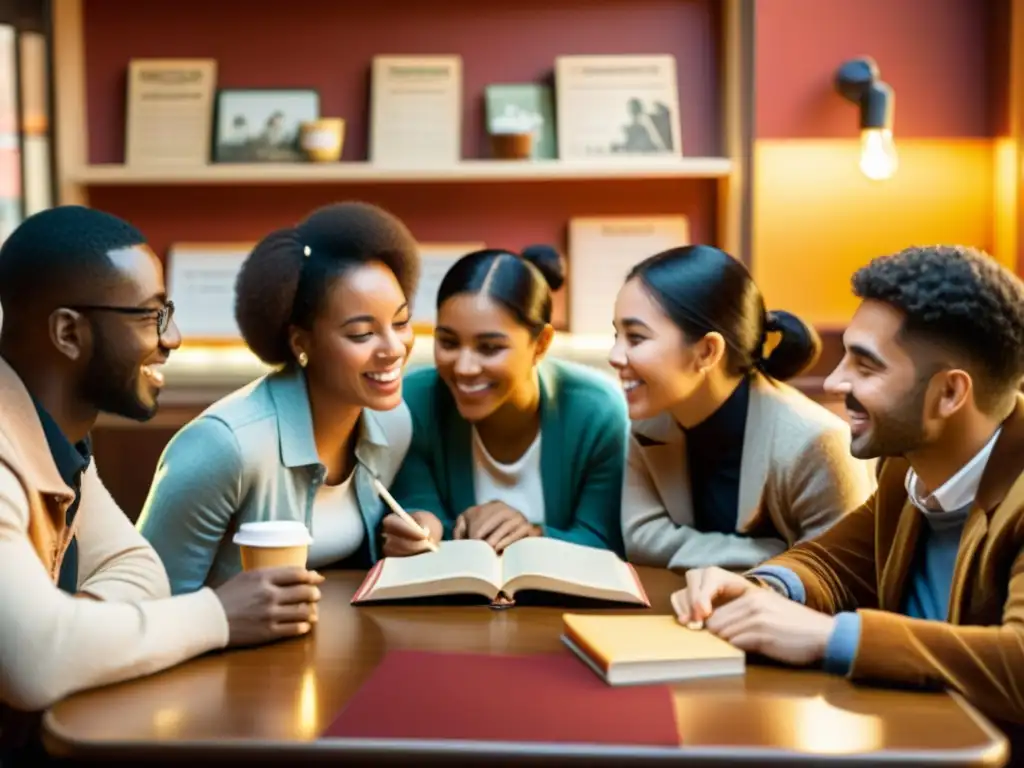 Un animado intercambio lingüístico multicultural en un acogedor café vintage