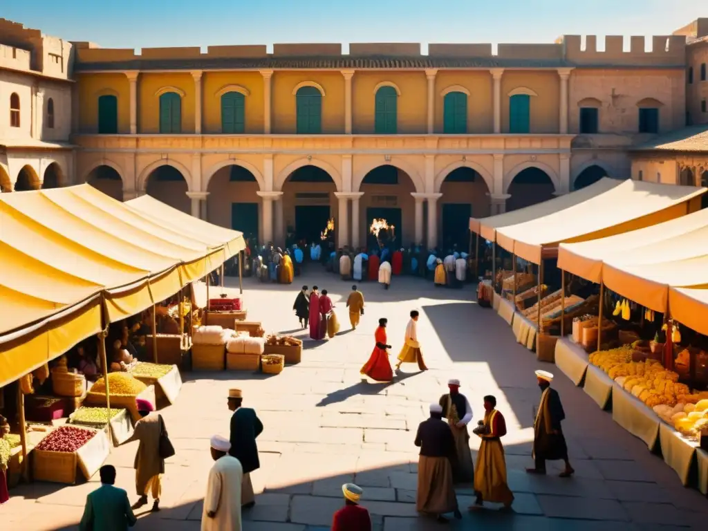 Un animado mercado en una antigua ciudad, con comerciantes y clientes en un bullicioso intercambio bajo la cálida luz dorada, capturando la esencia duradera de las lenguas semíticas en la modernidad persistente