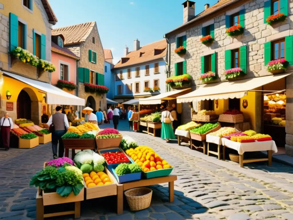 Un animado mercado callejero en un pintoresco pueblo europeo, lleno de artesanías coloridas y productos frescos