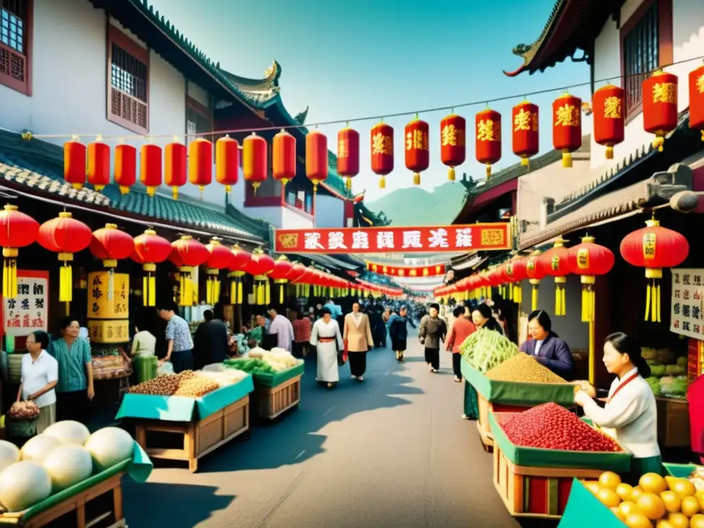 Animado mercado callejero en Taiwán con arquitectura tradicional, banners coloridos y gente