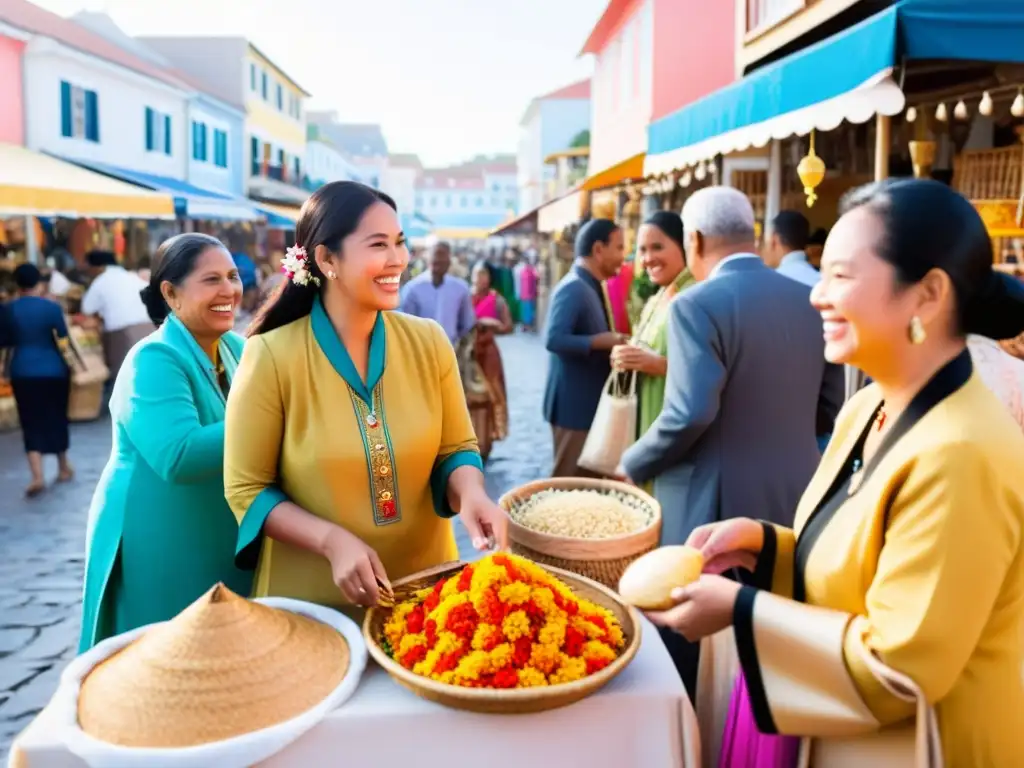 Un animado mercado costero donde la evolución de los pidgins a criollas se refleja en la diversidad cultural, interacciones y colores vibrantes