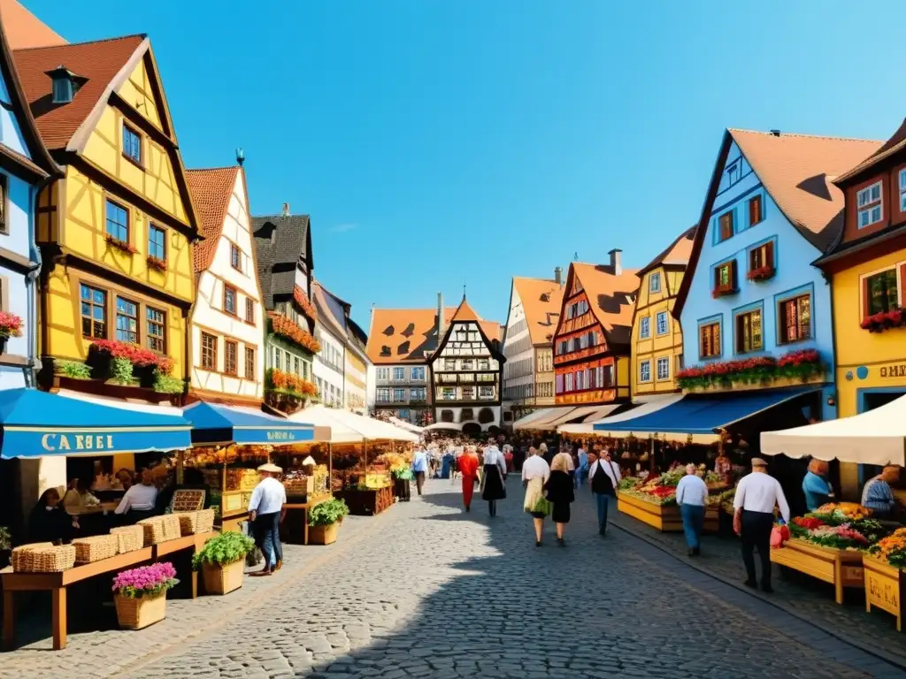 Un animado mercado europeo con arquitectura tradicional, gente vestida con atuendos germánicos y españoles